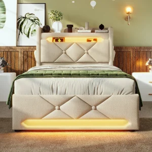 Eenpersoonsbed 90×200 cm van beige linnen met opberghoofdeksel en USB-poorten Eenpersoonsbed 90×200 cm van beige linnen met opberghoofdeksel en USB-poorten