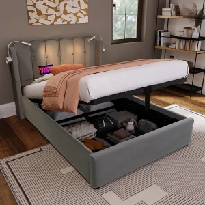 Eenpersoonsbed 90×200 cm van grijs fluweel met leeslamp en oplaadfunctie Eenpersoonsbed 90×200 cm van grijs fluweel met leeslamp en oplaadfunctie