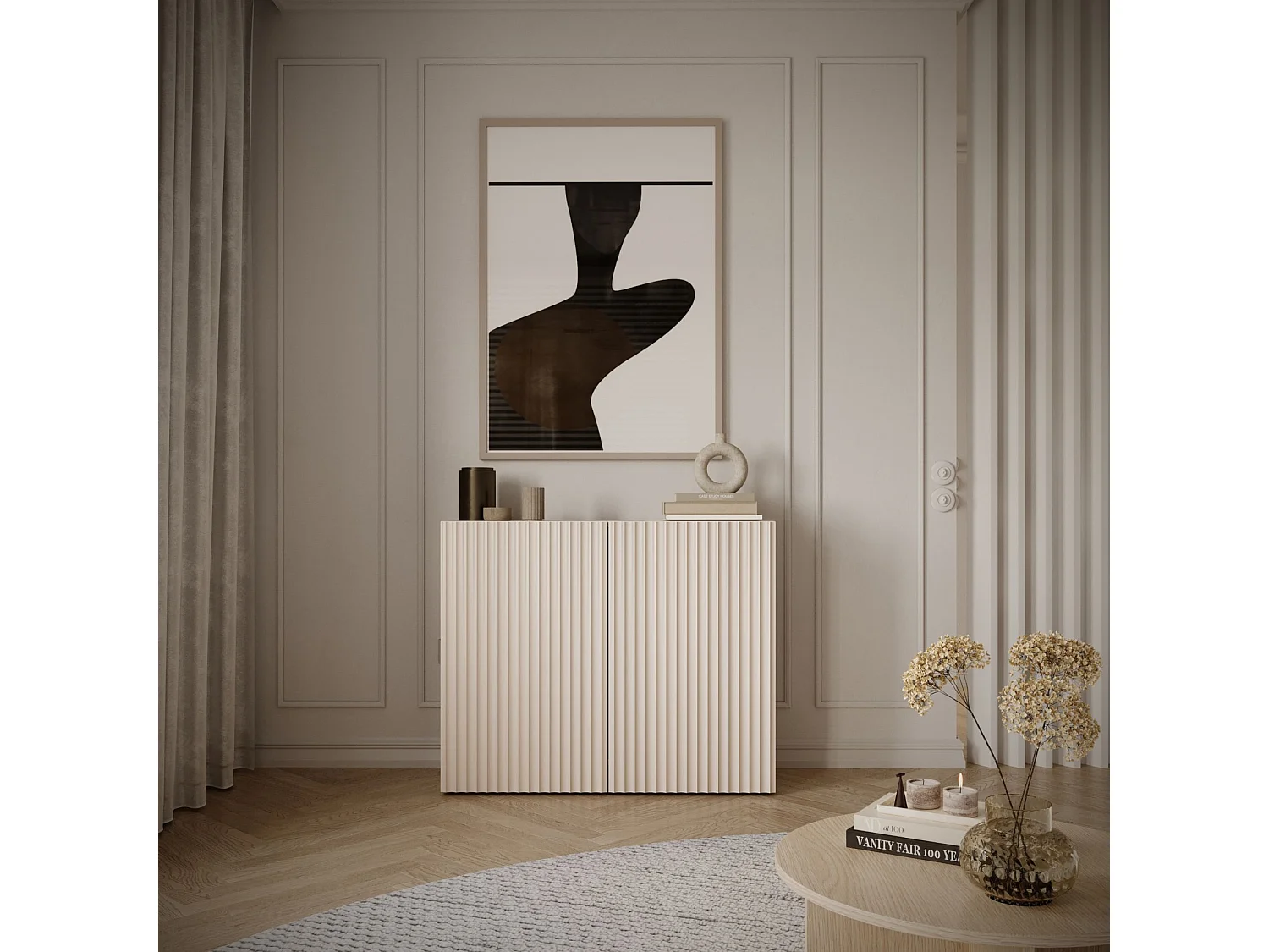 Dressoir met geribbelde lamellenfronten – 2-deurs – kasjmierbeige – 100 cm – SUNDS