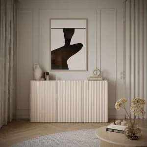 Dressoir met geribbelde lamellenfronten – 3-deurs – kasjmierbeige – 150 cm – SUNDS