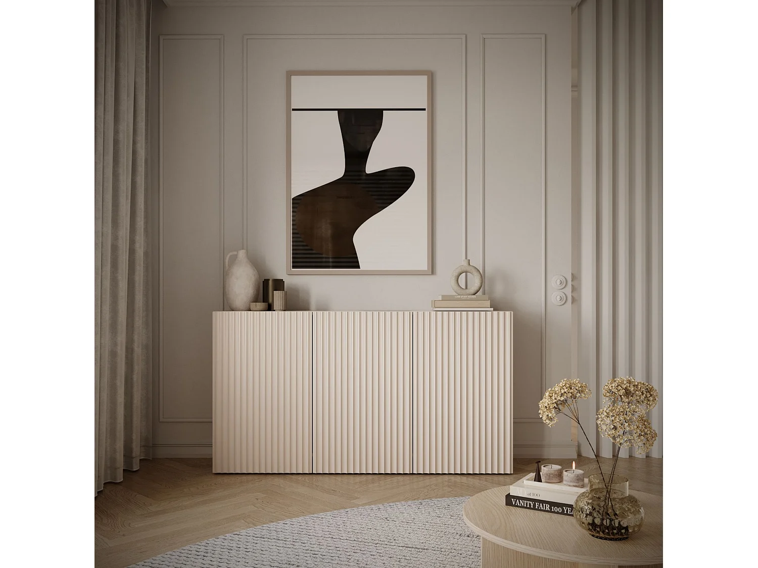 Dressoir met geribbelde lamellenfronten – 3-deurs – kasjmierbeige – 150 cm – SUNDS