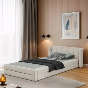 Eenpersoonsbed 90×200 cm met hoofdbord en gevoerde lattenbodem, chenille beige – zonder matras