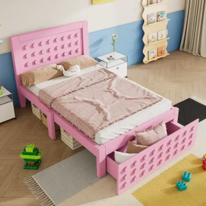 Eenpersoonsbed 90×200 cm met 1 lade en lattenbodem, roze creatief design – zonder matras