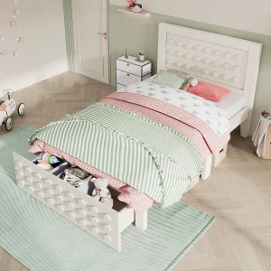 Eenpersoonsbed 90×200 cm met 1 lade en lattenbodem, wit creatief design – zonder matras