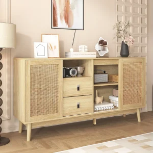 Dressoir in lichtnatuurlijke kleur met 3 rotan deuren en 2 opbergladen – voor de woonkamer Dressoir in lichtnatuurlijke kleur met 3 rotan deuren en 2 opbergladen – voor de woonkamer