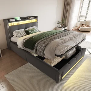 Eenpersoonsbed 90×200 cm met LED-verlichting en USB-aansluiting, hoofdbord met planken en opbergruimte, hydraulisch