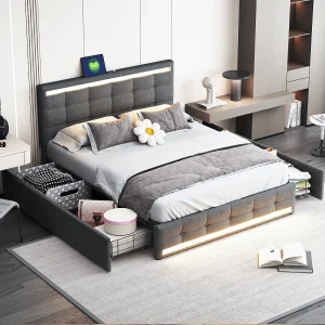 Gepolsterd bed 140×200 cm met LED-verlichting, 4 lades en 2 USB-aansluitingen, moderne bedframe in grijs linnen Gepolsterd bed 140×200 cm met LED-verlichting, 4 lades en 2 USB-aansluitingen, moderne bedframe in grijs linnen