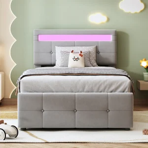 Eenpersoonsbed 90×200 cm, met LED-verlichting, hydraulisch opbergbed, verstelbare hoofdbord, grijs Eenpersoonsbed 90×200 cm, met LED-verlichting, hydraulisch opbergbed, verstelbare hoofdbord, grijs