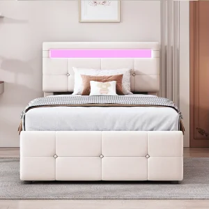 Eenpersoonsbed 90×200 cm met LED-verlichting, hydraulisch opbergbed, verstelbare hoofdbord, beige fluweel Eenpersoonsbed 90×200 cm met LED-verlichting, hydraulisch opbergbed, verstelbare hoofdbord, beige fluweel