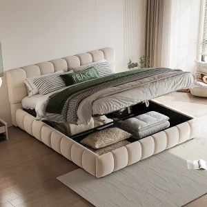 Gepolsterd bed 140 x 190 cm, hoofdeinde en zijkanten van beige fluweel, met hydraulische opbergruimte Gepolsterd bed 140 x 190 cm, hoofdeinde en zijkanten van beige fluweel, met hydraulische opbergruimte