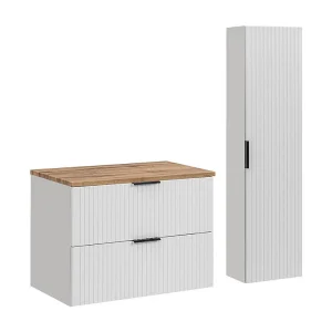 Ensemble de salle de bain NOXERA 80 cm – Meuble suspendu blanc alpin avec plan pour vasque chêne wotan et colonne murale Ensemble de salle de bain NOXERA 80 cm – Meuble suspendu blanc alpin avec plan pour vasque chêne wotan et colonne murale