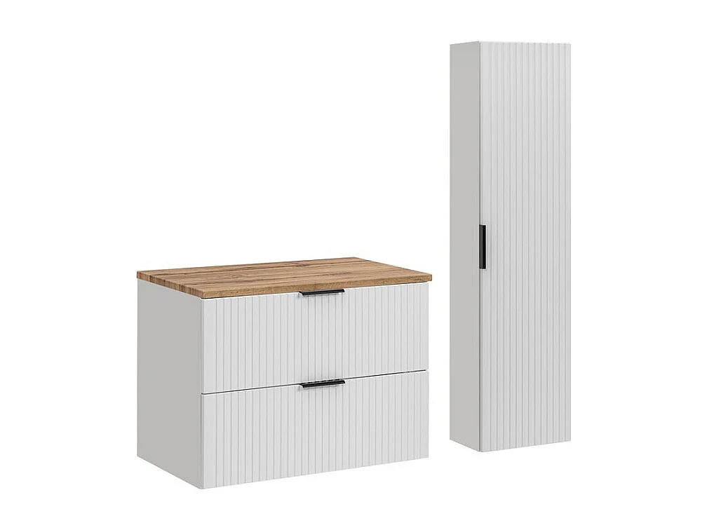 Ensemble de salle de bain NOXERA 80 cm – Meuble suspendu blanc alpin avec plan pour vasque chêne wotan et colonne murale