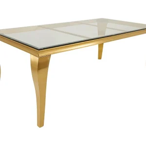 Eettafel VELENA – Rechthoekig 200 cm – Gehard glas en gouden staal – Barokke chique stijl Eettafel VELENA – Rechthoekig 200 cm – Gehard glas en gouden staal – Barokke chique stijl