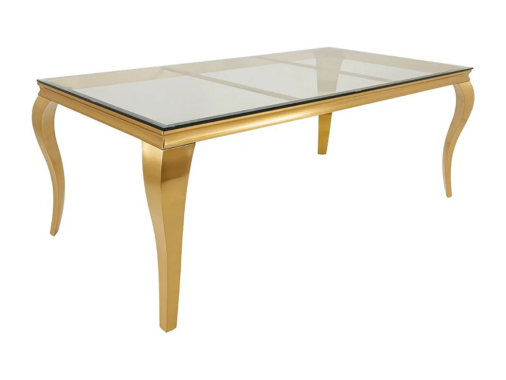 Eettafel VELENA – Rechthoekig 200 cm – Gehard glas en gouden staal – Barokke chique stijl
