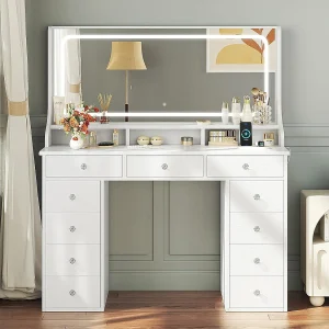 Dripex Toilettentafel met verlichting en 11 laden, grote LED-spiegel (110 cm) en stopcontact, voor slaapkamer en toiletkamer, wit Dripex Toilettentafel met verlichting en 11 laden, grote LED-spiegel (110 cm) en stopcontact, voor slaapkamer en toiletkamer, wit
