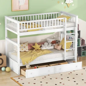 Functioneel stapelbed 90×200 cm in wit hout – Met lades en omvormbaar bed, voor kinderen Functioneel stapelbed 90×200 cm in wit hout – Met lades en omvormbaar bed, voor kinderen