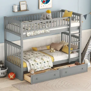 Functioneel stapelbed 90×200 cm in grijs hout – Met lades en omvormbaar bed, voor kinderen Functioneel stapelbed 90×200 cm in grijs hout – Met lades en omvormbaar bed, voor kinderen