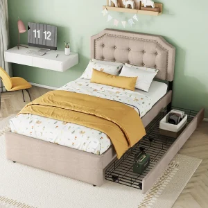 Eenpersoonsbed 90×200 cm gestoffeerd in donkerbeige – Hoofdbord met studs en dubbele lades Eenpersoonsbed 90×200 cm gestoffeerd in donkerbeige – Hoofdbord met studs en dubbele lades