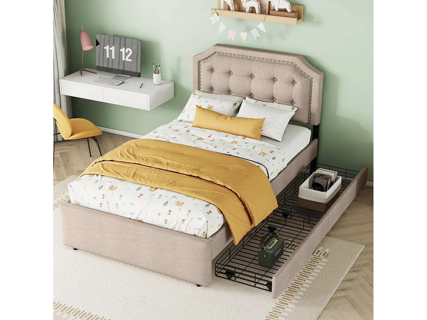 Eenpersoonsbed 90x200 cm gestoffeerd in donkerbeige – Hoofdbord met studs en dubbele lades
