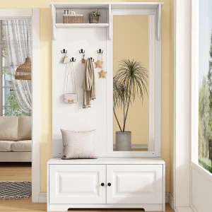 Garderobeset voor hal 100x40x180 cm – met spiegel en 5 kapstokken – 2 deuren – met schoenenkast en planken – Wit Garderobeset voor hal 100x40x180 cm – met spiegel en 5 kapstokken – 2 deuren – met schoenenkast en planken – Wit