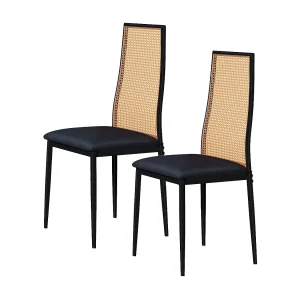 Eetkamerstoelen – Set van 2 gestoffeerde stoelen met hoge rotan rugleuning en metalen poten – Moderne accentstoelen voor keuken, woonkamer of café – Zwart