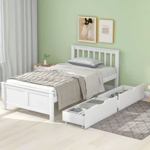 Eenpersoonsbed van wit grenenhout 90×200 cm met opberglades, junior- en volwassenbed, stevig frame Eenpersoonsbed van wit grenenhout 90×200 cm met opberglades, junior- en volwassenbed, stevig frame