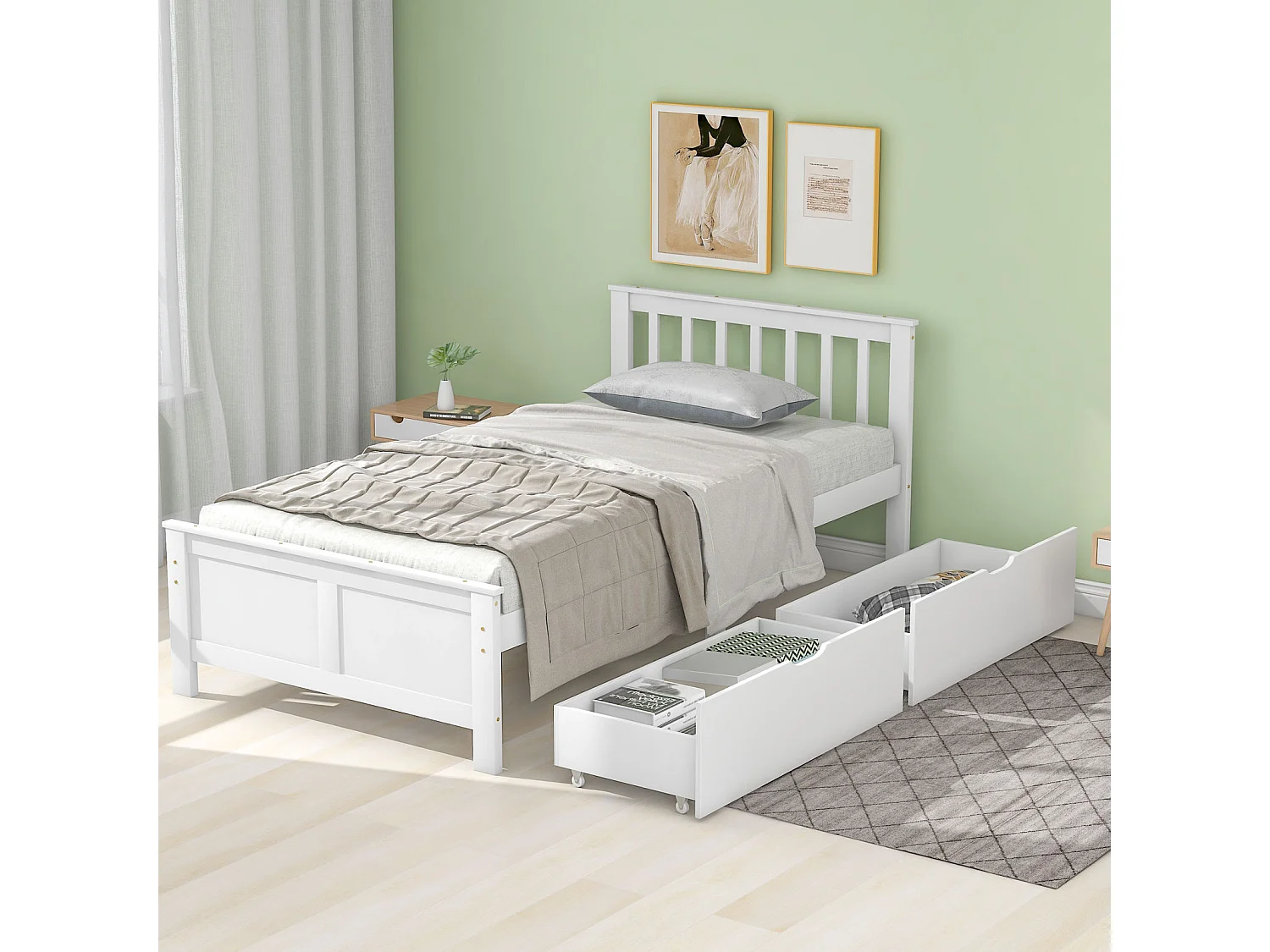 Eenpersoonsbed van wit grenenhout 90x200 cm met opberglades, junior- en volwassenbed, stevig frame