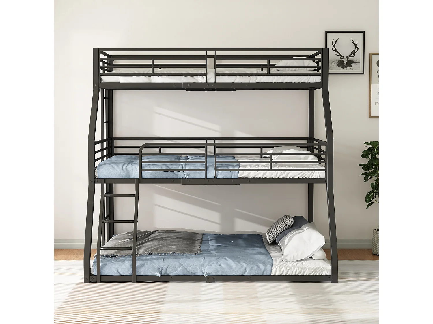 Drielaags stapelbed 90x200 120x200 140x200 cm zwart, metalen frame, voor kinderen, tieners en volwassenen, zonder matras