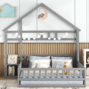 Eenpersoonsbed 140×200 cm voor kinderen, huisvormig bed met hekje en nachtkastje, Grijs