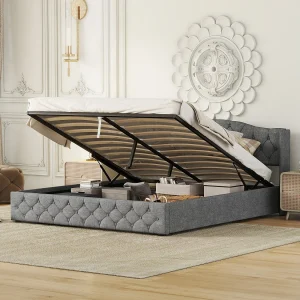 Eenpersoonsbed 180×200 cm multifunctioneel met hydraulische opbergruimte, praktische plank, geoptimaliseerde ruimte, Grijs