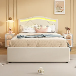 Eenpersoonsbed 90×200 cm, gestoffeerd bed met lattenbodem, LED afstandsbediening, 2 laden, verstelbaar hoofdeinde, Linnen Beige Eenpersoonsbed 90×200 cm, gestoffeerd bed met lattenbodem, LED afstandsbediening, 2 laden, verstelbaar hoofdeinde, Linnen Beige