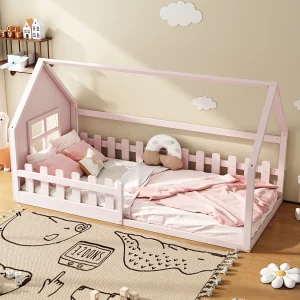 Eenpersoonsbed 90×200 cm voor kinderen, huisvormig bed met decoratieve rand, Roze Eenpersoonsbed 90×200 cm voor kinderen, huisvormig bed met decoratieve rand, Roze