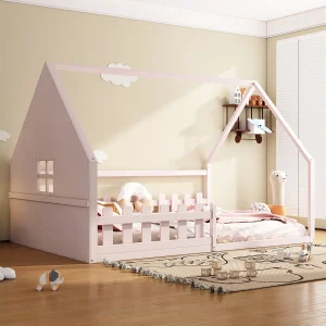 Eenpersoonsbed 140×200 cm voor kinderen, huisvormig bed met hekjes, grenenhout, Roze