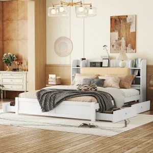 Eenpersoonsbed 180×200 cm met deels verstelbare hoofdeinde, vier lades en meerdere opbergvakken, Wit
