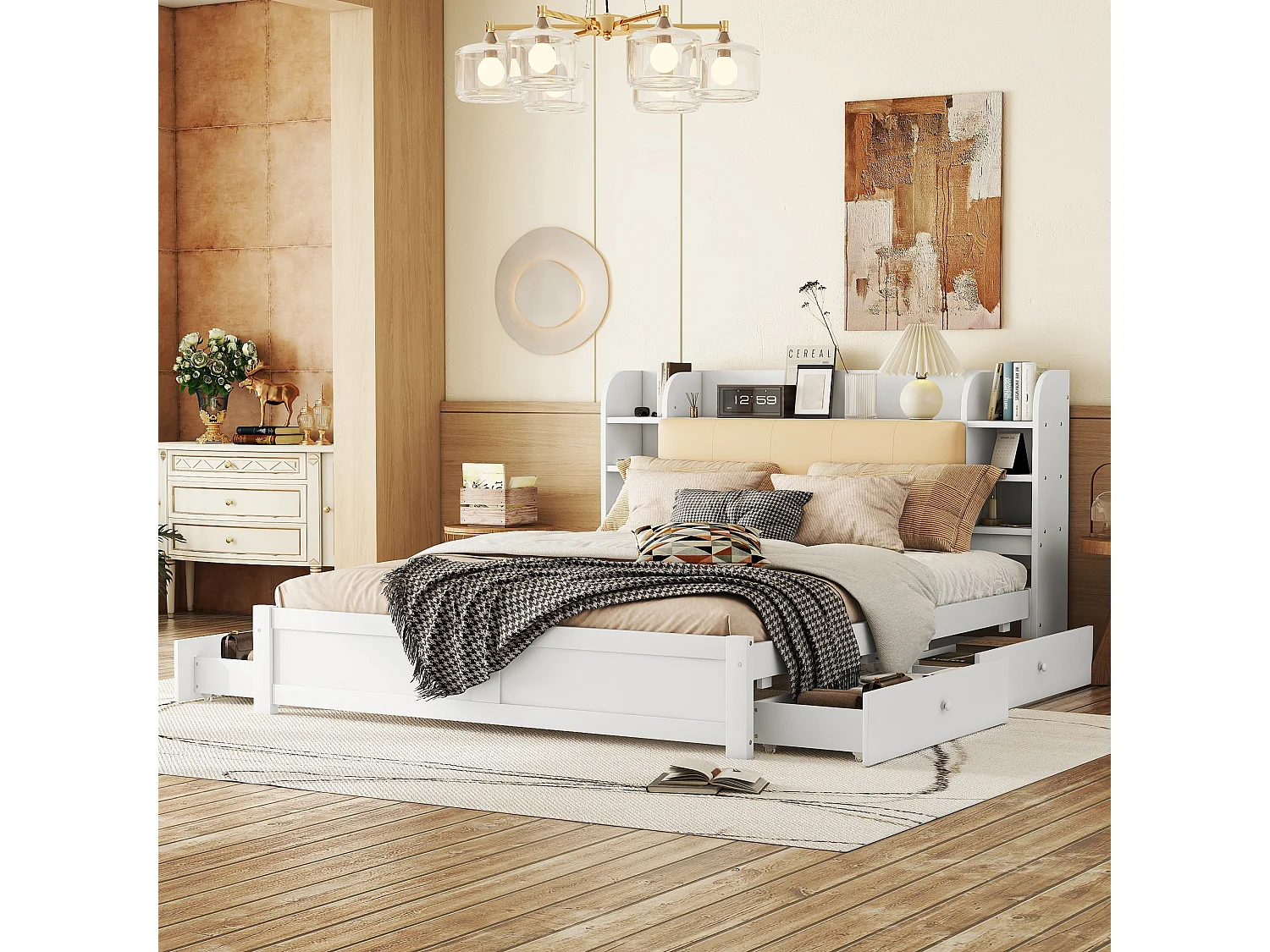 Eenpersoonsbed 180x200 cm met deels verstelbare hoofdeinde, vier lades en meerdere opbergvakken, Wit
