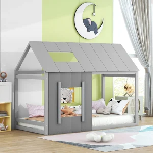 Eenpersoonsbed 90×200 cm voor kinderen in huisvorm, dak en raam, origineel design, combinatie Donkergrijs en Lichtgrijs Eenpersoonsbed 90×200 cm voor kinderen in huisvorm, dak en raam, origineel design, combinatie Donkergrijs en Lichtgrijs