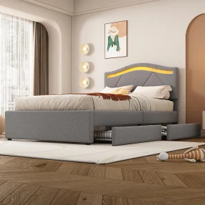Eenpersoonsbed 90×200 cm, gestoffeerd bed met lattenbodem, LED afstandsbediening, 2 laden, verstelbaar hoofdeinde, Linnen Grijs Eenpersoonsbed 90×200 cm, gestoffeerd bed met lattenbodem, LED afstandsbediening, 2 laden, verstelbaar hoofdeinde, Linnen Grijs