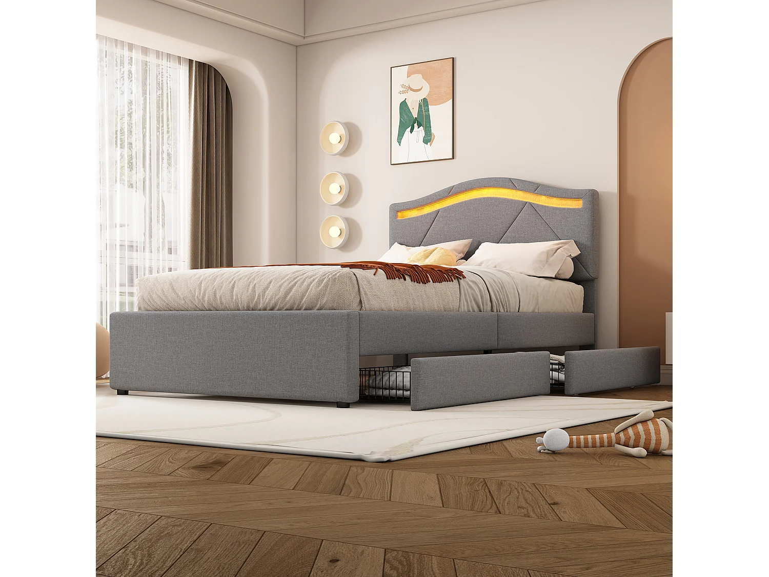 Eenpersoonsbed 90x200 cm, gestoffeerd bed met lattenbodem, LED afstandsbediening, 2 laden, verstelbaar hoofdeinde, Linnen Grijs
