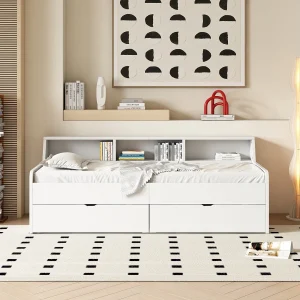 Eenpersoonsbed 90×200 cm, met twee lades en geïntegreerd opbergvak, praktisch en functioneel, Wit Eenpersoonsbed 90×200 cm, met twee lades en geïntegreerd opbergvak, praktisch en functioneel, Wit