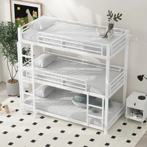 Driedubbel stapelbed 90×200 cm wit van metaal, compact ontwerp, 3 slaapplaatsen geschikt voor gezinnen Driedubbel stapelbed 90×200 cm wit van metaal, compact ontwerp, 3 slaapplaatsen geschikt voor gezinnen