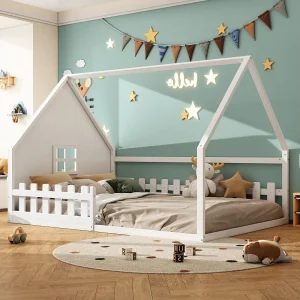 Eenpersoonsbed 140×200 cm voor kinderen, huisvormig bed met hekjes, grenenhout, Wit