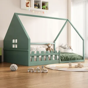 Eenpersoonsbed 140×200 cm voor kinderen, huisvormig bed met hekjes, grenenhout, Groen