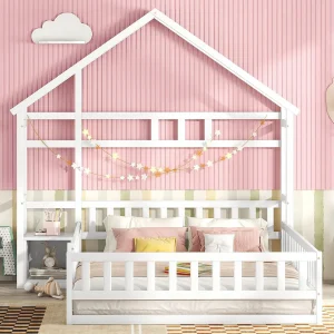 Eenpersoonsbed 140×200 cm voor kinderen, huisvormig bed met hekje en nachtkastje, Wit