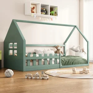 Eenpersoonsbed 90×200 cm voor kinderen, huisvormig bed met decoratieve rand, Groen Eenpersoonsbed 90×200 cm voor kinderen, huisvormig bed met decoratieve rand, Groen