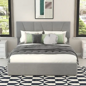 Dubbel platformbed 140×200 cm, verstelbare hoofdeinde, 4 lades aan twee zijden, gepolsterde constructie, praktische opbergruimte, Grijs Dubbel platformbed 140×200 cm, verstelbare hoofdeinde, 4 lades aan twee zijden, gepolsterde constructie, praktische opbergruimte, Grijs