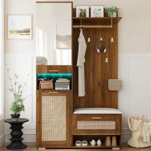 Garderobeset voor hal 110x38x190 cm – met spiegel en 6 kapstokken – Schoenenkast en schoenenbank – met LED – Bruin Garderobeset voor hal 110x38x190 cm – met spiegel en 6 kapstokken – Schoenenkast en schoenenbank – met LED – Bruin