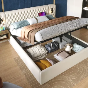 Fluwelen opbergbed 160×200 cm – 2 nachtkastjes + 2 leeslampjes met USB-aansluiting – Beige (matras niet inbegrepen) Fluwelen opbergbed 160×200 cm – 2 nachtkastjes + 2 leeslampjes met USB-aansluiting – Beige (matras niet inbegrepen)