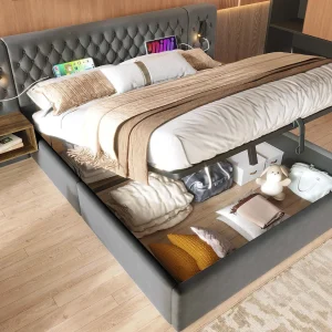 Fluwelen opbergbed 160×200 cm – 2 nachtkastjes + 2 leeslampjes met USB-aansluiting – Grijs (matras niet inbegrepen)