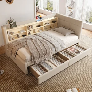 Eenpersoons slaapbank 90×200 cm met 2 lades, USB + Type C en opbergruimte, beige linnen stof Eenpersoons slaapbank 90×200 cm met 2 lades, USB + Type C en opbergruimte, beige linnen stof