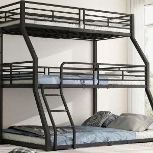 Driedubbel stapelbed – 2x90x200cm & 140x200cm – ijzeren frame – Zwart